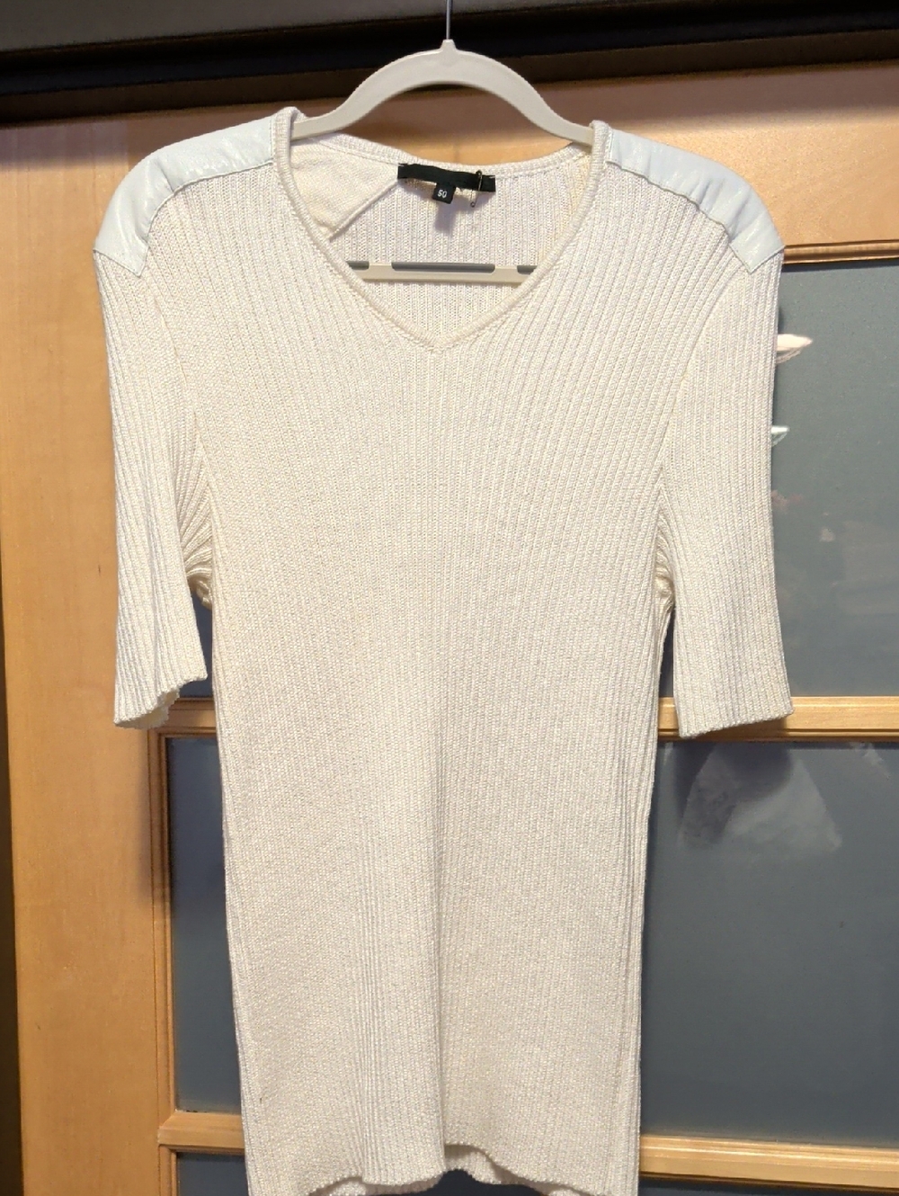 Alessandro Dell'Acqua Cream Ribbed V-Neck Tunic with Leather Shoulder Panels